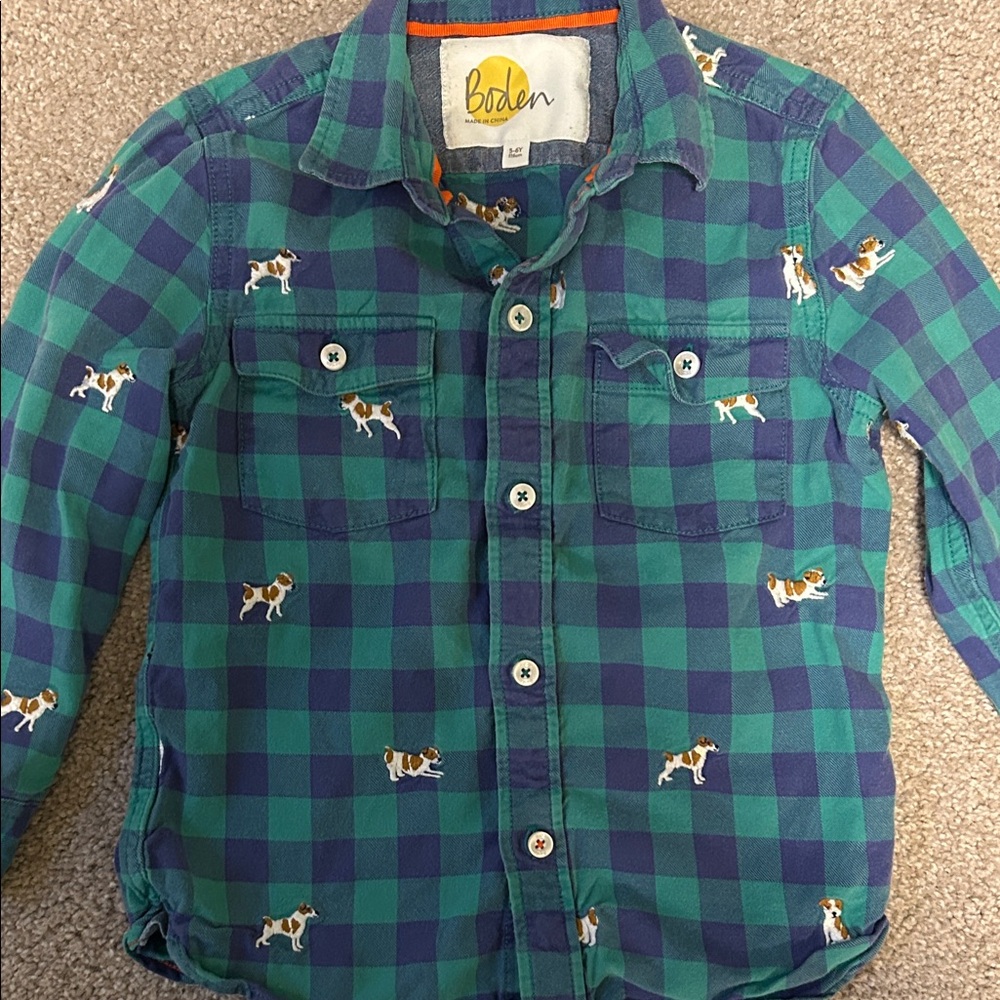 Boden Kids Blue and Green Plaid Shirt with Dog Pattern
